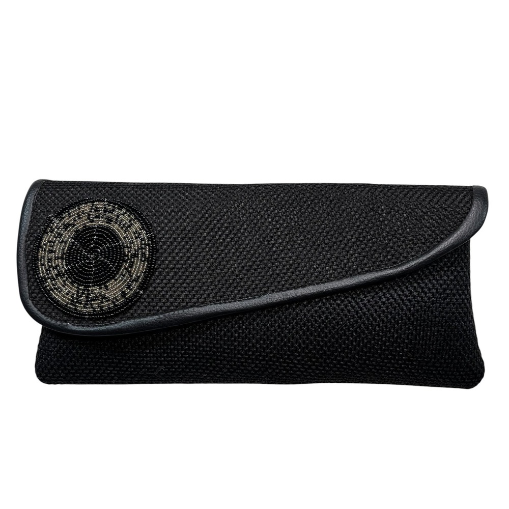 Black Woven Beaded Medallion Envelope Clutch Evening‎ Bag Snap Closure